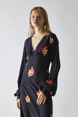 Black-Orange Flower V-neck Midi-Dress