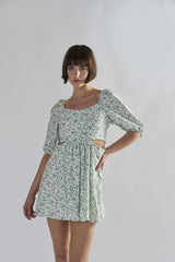 Green Ditsy Tie Back Square Neck Mini Dresses