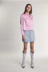 Pink-Sateen Button-Front Long Sleeve-Shirt