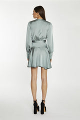 Dusty-Green Satin Wrap Mini-Dress