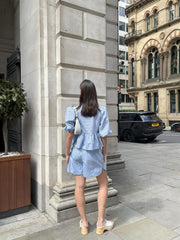 Mixed Blue Stripe Tie-Front Top
