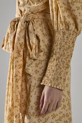 Beige-Mustard-Ditsy Wrap Midi-Dress