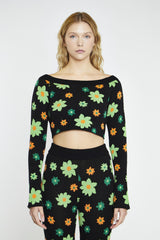 Green-Flower-Intarsia Long-Sleeve Crop-Top