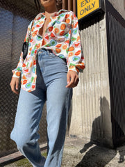 Multi-Fruit-Stickers Collared Long-Sleeve-Top