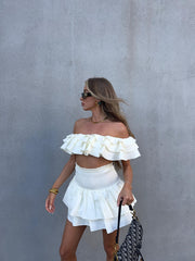 Arabella Co-ord Bardot Ruffle Crop Top - Cream