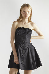 Black Cotton Bandeau Pleated Mini-Dress