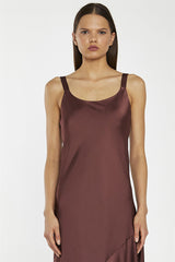 Reddish-Brown Satin Bias-Cut Asymmetric-Dress
