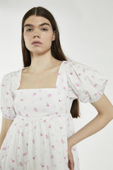 Square Neck Short Skater Dress - White Pink Floral