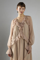 Nude Crinkle Long Sleeve Ruffle Maxi Dress