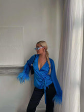 Blue Aster Satin Wrap Blouse with Feather Trim