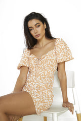 Orange-Sketchy-Flower Scoop-Neck-Short-Sleeve-Mini-Dresses