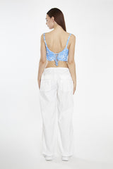 Blue-Scribble-Daisy-Mesh Sleeveless-Corset- Crop-Top