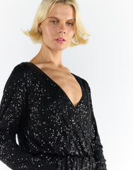 Black Sequin V-Neck Long Sleeve Playsuit