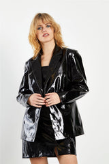 Black Patent PU Oversized Double Breasted Blazer