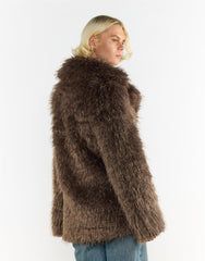 Grey Brown Collared Faux Fur-Coat