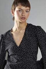 Black Polka Dot Wrap Mini Dress