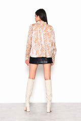 Pink Gold Multi Floral Voluminous Fit Blouse with Neck & Sleeve Ruffle Detailing