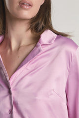 Pink-Sateen Button-Front Long Sleeve-Shirt