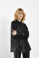 Matt-Black Sequin Collared Long-Sleeve Shirt