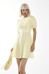 Pale-Yellow Pleated-Open-Back Mini-Dress