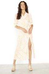 V-Neck Midi Wrap dress - Coral Pink Palm