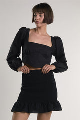 Black Long-Puff-Sleeve-Tie-Detail Crop-Top