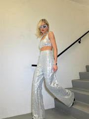 Silver-Sequin Wide-Leg Trousers