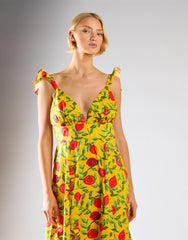 Yellow Red Fruit Frill Sleeve Midi Dress