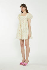 Yellow-Pink-Fruit-Organza Babydoll Mini Dress