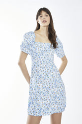 White-Blue Daisy Square-Neck Mini-Dress