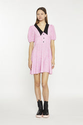 Pink-Multi-Leopard-Black Contrast-Collar-Skater Mini-Dress