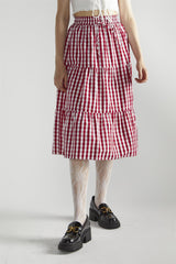 Cherry Red Gingham Pleated Midi-Skirt