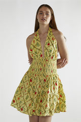 Yellow Floral-Lattice Halter-Neck Mini-Dress