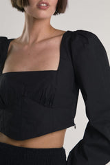 Black Long-Puff-Sleeve-Tie-Detail Crop-Top