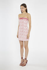 White-Red Daisy Fitted Bandeau Mini-Dress