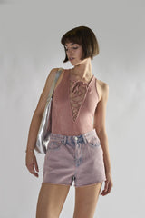 Dusty-Pink-Suede Tie-Front- 0-Bodysuit