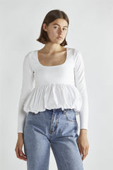 White Square-Neck Puff-Peplum Top