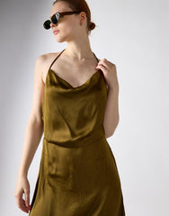 Satin Cowl Neck Midi Dress - Khaki