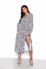 White Blue Multi Abstract V-Neck Midi Dress