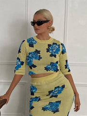 Yellow Blue Rose Crew Crop-Top