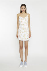 White Orange Ditsy Cowl Neck Mini-Dress