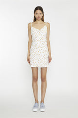 White Orange Ditsy Cowl Neck Mini-Dress