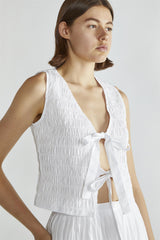 White Shirred Tie-Front Top