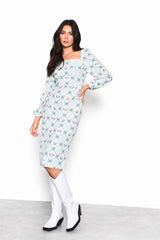 Green Floral Gingham Square Neck Midi Dress with Centre Back Split