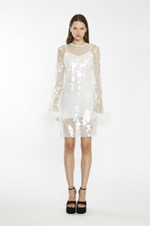 Clear-White Large-Sequin Feather Cuff Mini-Dress