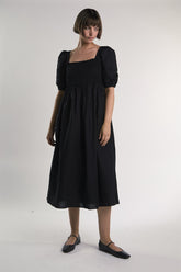 Black Shirred-Front Midi-Dress