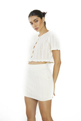 Cream Open-Knit-Lettuce-Trim Crop-Top