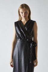 Black-Pu Wrap Midi-Dress