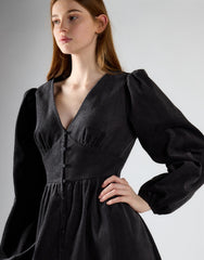 Dark Grey Corduroy V-Neck Button Midi Dress