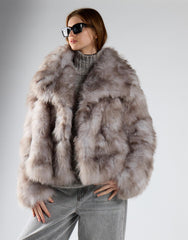 Grey Multi Fur Oversized Collar Short Fur Coat